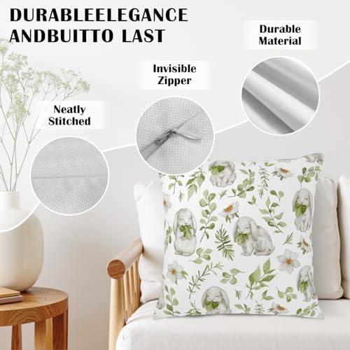 Easter Outdoor Pillow Covers 20x20 Set of 2 Sage Green Bunny Floral Leaf Throw Pillow Covers Spring Rabbit Flower Farmhouse Pillowcase for Home Couch Sofa Decor