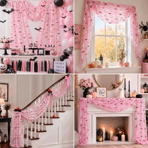 4 Pcs Pink Halloween Table Runners 29 x 70 in Ghosts Bats Party Decor