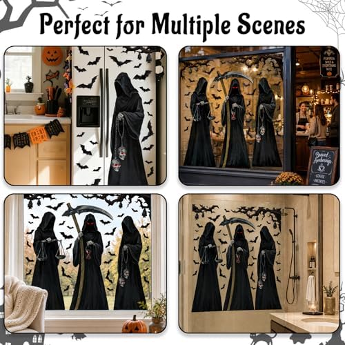 Halloween 3 PCS Large Window Cling Grim Reaper Bat Decals Stickers Decor