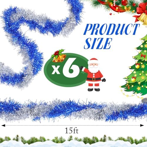 Shappy 90 ft 6 Rolls Christmas Tinsel Garland for Tree, Blue, Sliver