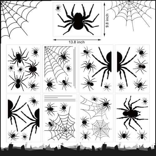 9 Sheets Halloween Window Clings Extra Large Black Spider Window Decals Scary Spider Web Silhouette Windows Stickers Double Sided Windows Clings for Halloween Home School Office Glass Party Decor