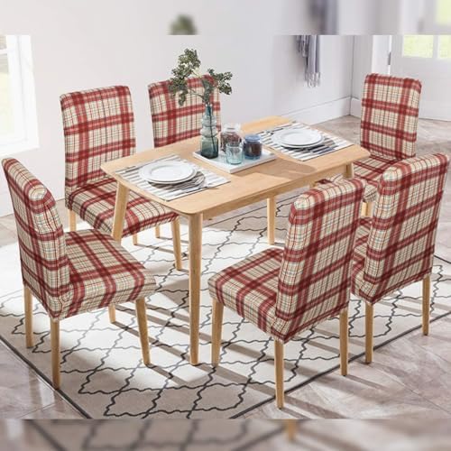 4Pcs Fall Plaid Chair Covers Set - Stretch Elastic Edge, Removable Red Chair Protectors, Suitable for Dining Room/Kitchen Chairs