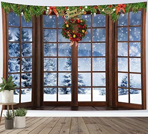 HVEST Christmas Tapestry Wall Hanging Winter Snow Pine Tree Forest outside Brown Window Tapestry for Bedroom, Xmas Nature Landscape Wall Art for Living Room Dorm Home Decor Backdrop, 80W x 60H inches
