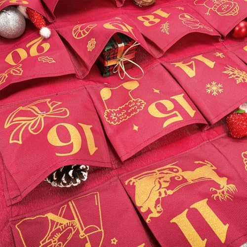 HOWAF Red Gold Fabric Christmas Advent Calendar with Pockets (Countdown to Christmas), 24 Days Mystery Christmas Countdown Calendar for Xmas Holiday Home Wall Decoration