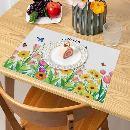 Spring Placemats Set of 4 18x12 Inch Floral and Butterfly Linen Place Mats Heat-Resistant Washable Wipeable Sunflower and Tulip Flowers Table Mat for Party Kitchen Dining Room Dinner Table Decor