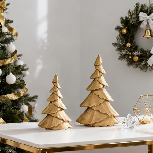 RM ROOMERS Christmas Tree Figurines Wooden, Set of 2 Gold Christmas Tree