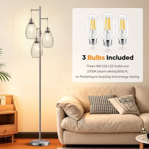 Nintiue Dimmable Floor Lamp, 3 x 800LM LED Edison Bulbs Included, Industrial Floor Lamp Standing Tree Lamp with Elegant