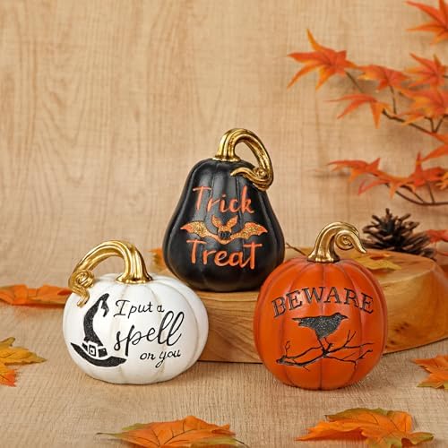 DILATATA Fall Pumpkins Decoration 3Pcs Resin Pumpkins Thanksgiving Fake Pumpkin Figurines Small Carved Pumpkin for Home Harvest Halloween Thanksgiving Rustic Farmhouse Table Centerpiece Shelf Mantel