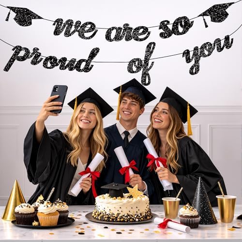 Graduation Decorations 2026 2027 | Pre-Strung Class of 2026 Graduation Banner, Black Glitter We are So Proud of You Grad Banner for Graduations Party Decorations Favors Supplies School Home Car Decorations