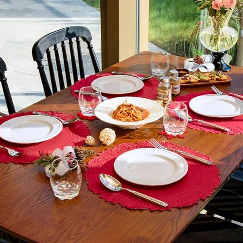 Round Faux Leather Placemats Set of 6, Dining Table Mats, Holly Red