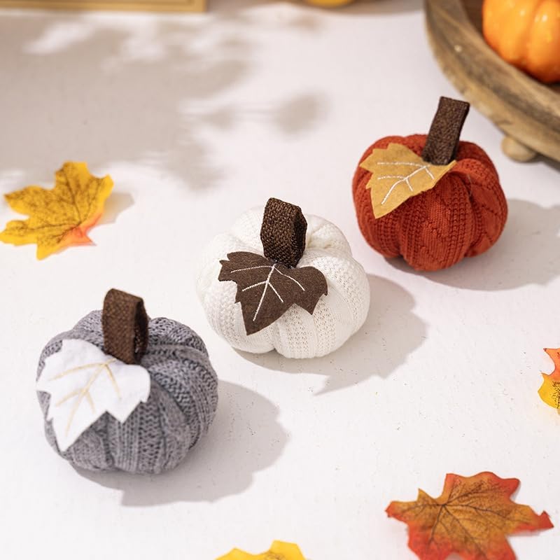 Kuriozud Faux Fall Harvest Crochet Pumpkins Small Knit Rustic Farmhouse Foam Pumpkins for Thanksgiving Halloween Autumn Mantel Table Decor (White, 9cm x 9cm x 6cm)
