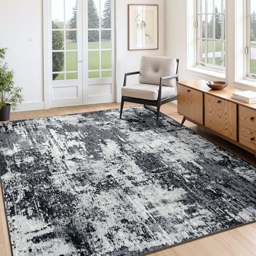 RELEANY Washable 4'x6' Abstract Area Rug for Living Room Black White