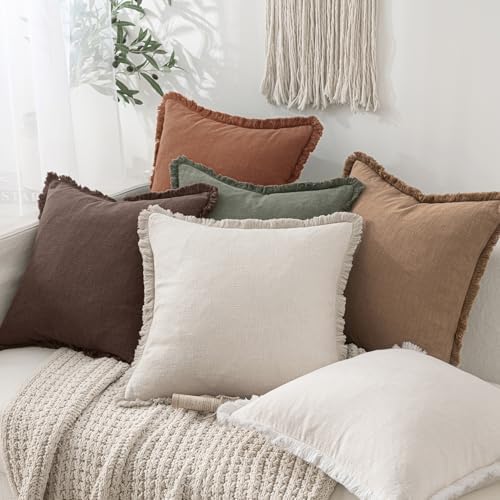 MIULEE Linen Fringe Decorative Fall Euro Pillow Covers Dark Brown 24x24