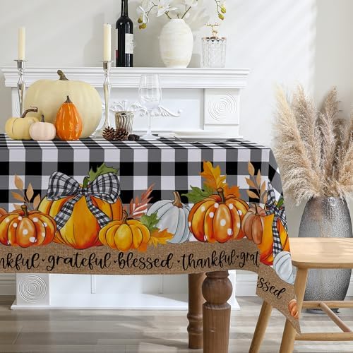 Fall Tablecloth 52x70 Inches, Black Plaid Pumpkins Fall Decor