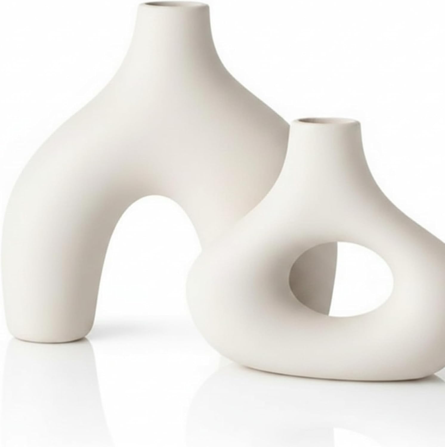 Mid Century Modern Decor Ceramic Donut Vases / White / Set of 2