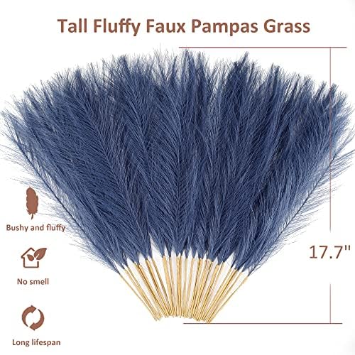 30PCS Navy Blue Faux Pampas Grass 17" for Vase Filler Decor