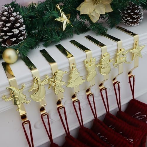 Christmas Stockings hooks, Gold Christmas Stockings holder for Mantle Set of 8, Reusable Christmas Stocking Hooks, No-Damage Xmas Hanger for Fireplace Stand Christmas Decoration Ornaments Hanging