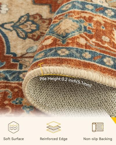 RELEANY Washable Area Rug, Round 6ft, Red/Orange/Blue/Brown