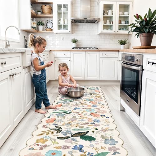 Washable 2x8 Hallway Runner Rug: Vintage Water-Resistant Floral Scalloped Kitchen Entryway Rug Ultra Soft Living Room