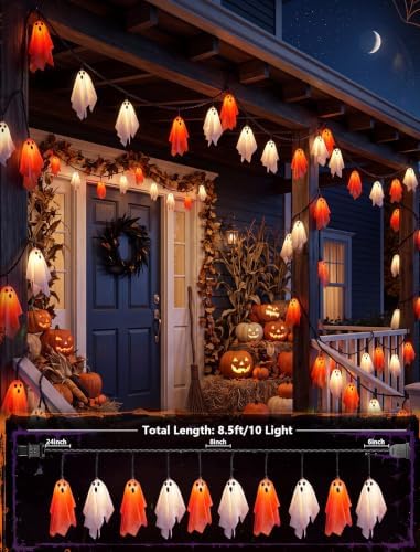8.5FT 10 LED Halloween Orange and White Fabric Ghost String Lights Outdoor