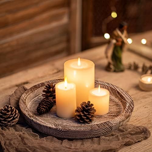 Hanobe Round Wood Candle Holder Tray, Rustic Coffee Table Centerpiece Decor