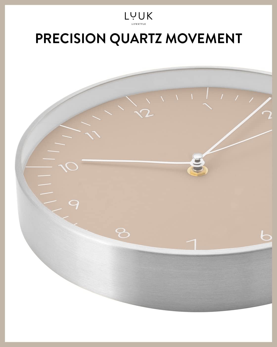Modern Silent Quartz Wall Clock, 10in, Beige & Gold | Analog, Non-ticking, Modern & Minimalist design, Battery