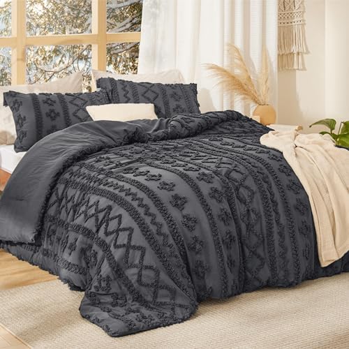 Bedsure Tufted Boho Comforter Set Twin Size - Dark Grey Boho Bed Set, GentleSoft™ 2 Pieces Farmhouse-Style Embroidery