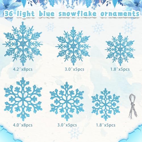 36pcs Christmas Light Blue Snowflake Ornaments Plastic Glitter Snow Flakes Ornaments for Winter Christmas Tree Decorations Size Varies Craft Snowflakes