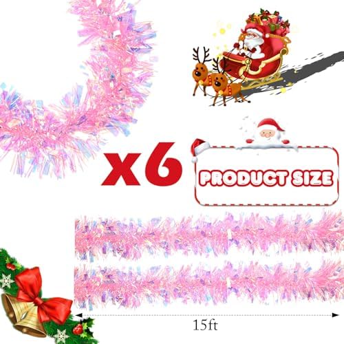 Shappy 90 ft 6 Rolls Christmas Tinsel Garland for Tree,Laser Pink