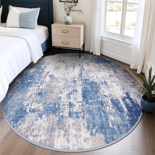 RELEANY Washable Round 8ft Area Rug for Living Room Blue Gray