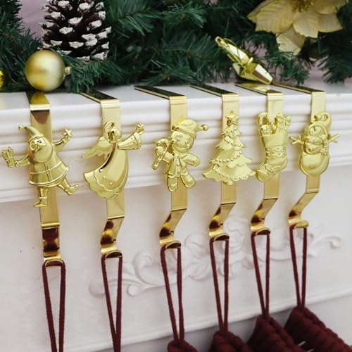 Gold Christmas Stocking Hooks - Set of 6, Reusable No-Damage Hangers for Fireplace Mantle and Christmas Decoration