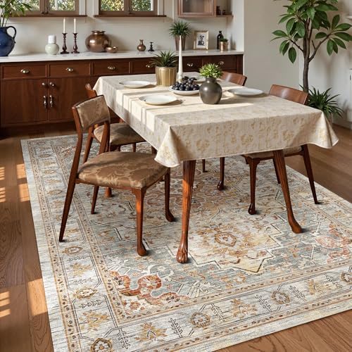 Washable Area Rug 4' x 6' Vintage Traditional Persian Mat - Foldable Distressed Non-Slip Machine Washable Carpet for