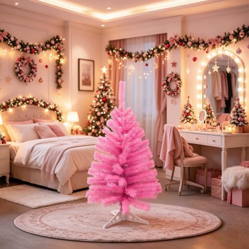 3FT Small Christmas Tree – Premium Pink Mini Xmas Artificial Trees for Home, Tabletop, Office, Apartment, Indoor Holiday Decorations, Easy-Assembly Metal Hinges & Foldable Base