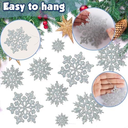 36pcs Iridescent Silver Christmas Snowflake Ornaments, Plastic Sparkling Glitter Hanging Snow Flakes for Christmas Tree Decorations Winter Wonderland Frozen Birthday Party Holiday Home Decor