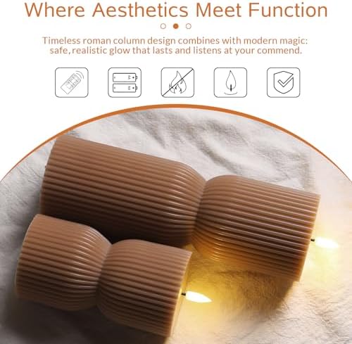 Brown Ribbed Fall Flameless Pillar Candles with Remote Set of 2