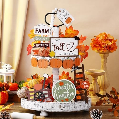 FairySandy 19 Pcs Fall Tiered Tray Decor Set, Pumpkin Patch