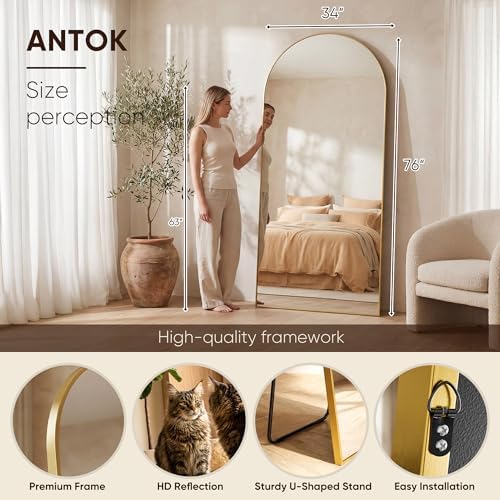 Antok 76" x34” Arched Full Length Mirror, Floor Mirror with Stand,Gold