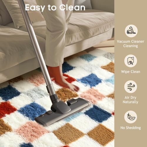 Ophanie Checkered Rainbow Rug for Living Room Bedroom,Colorful Fluffy Soft Cute Fuzzy Area Rugs,Shag Plush Shaggy