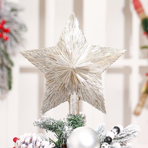 Threehoney 8.3 Inch Christmas Star Tree Topper Glitter Decor,Champagne Gold
