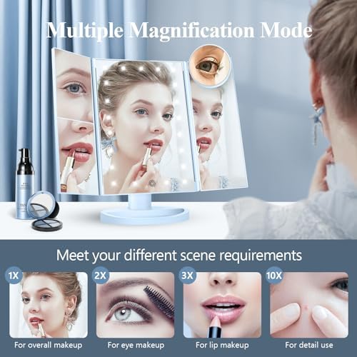 HUONUL 2X/3X/10X Magnifying Vanity Mirror with Light, Trifold Makeup Mirror