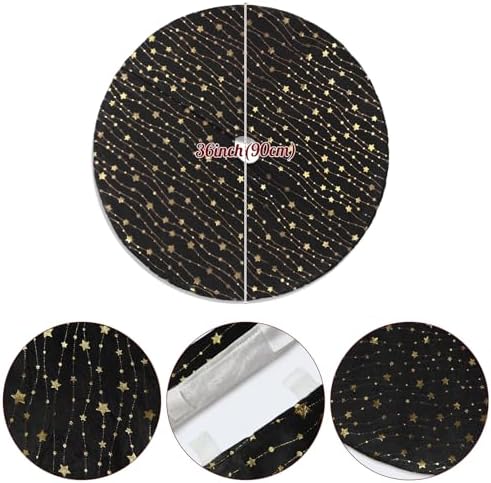 Christmas Tree Skirt Velvet Black 36 inch Large Soft Christmas Tree Mat with Gold Star Pattern for Indoor Outdoor Xmas Holiday Party Decoration