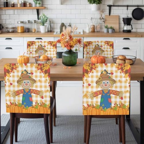 LooPoP Fall Chair Covers Set of 6 Scarecrows Crow Pumpkin Chair Slipcover Protector Stretch Chair Covers Maple Leaf Orange Buffalo Plaid Thanksgiving Chair Back Covers for Dining Chairs Kitchen Party