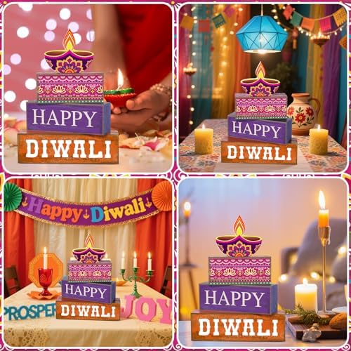 Lineshading 4 Pcs Wooden Diwali Tiered Tray Decor, Block Signs for Home