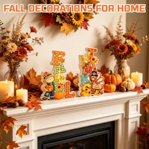 Fall Thanksgiving Table Decor 2 PCS Wooden Fall Scarecrow Turkey Decor