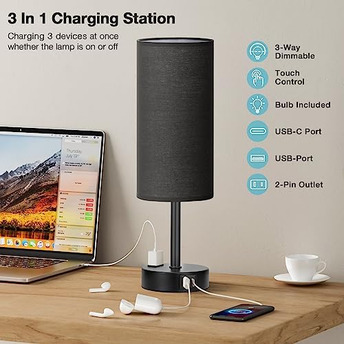 Fenmzee Black Bedside Lamp for Bedroom, Dimmable Touch, USB A+C, AC Outlet