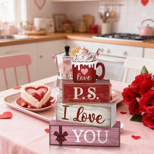 Lineshading 4 Pcs Wooden Block Signs, P.S. I Love You Tiered Tray Decor