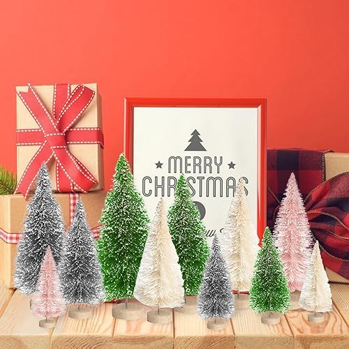 8pcs Mini Christmas Tree, Artificial Bottle Brush Trees with Wood Base, Tabletop Miniature XmasTrees with 4 Small Christmas Wreath, Fake Xmas Tree Ornament, White Christmas Tree for Christmas Décor