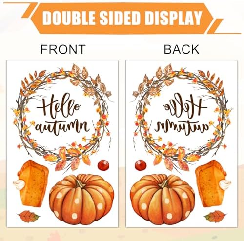 Whaline Fall Thanksgiving Window Clings Maple Leaves Pumpkin Umbrella Truck Gnome Window Decals Hello Autumn Double-Side Glass Decals for Home Party Decoration, 7.9 x 11.8 Inch, 9 Sheet