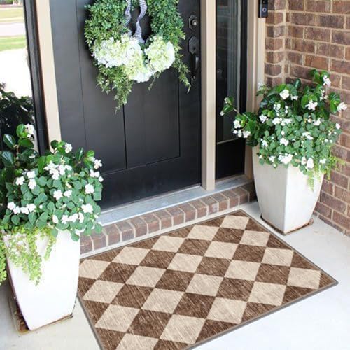 Front Door Rug - 2x3 Brown Beige Checkered Diamond Entry Rug