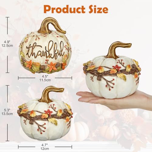 Fall Pumpkin Decor 2Pcs Fake pumpkins White Resin Carved Pumpkin Big Decorative Faux Pumpkins Artificial Pumpkins for Decorating Home Table Farmhouse Mantel Halloween Thanksgiving Harvest Centerpieces